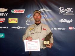 Tim Rasberry of North Little Rock, Ark., won a Ranger 198VX boat with a choice of a 200 horsepower Evinrude or Yamaha motor as the co-angler winner of the Oct. 15-17 BFL Regional on Kentucky-Barkley lakes.
