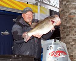 Bo Standley caught a monster Sam Rayburn bass weighing 10-3 that earned the Big Bass award in the Co-angler Division on day one and helped usher him into second place.