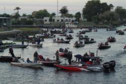FLW American Fishing Series anglers make some last-minute preparations before the start of takeoff.