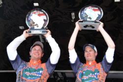 The University of Florida team of Jake Gipson and Matt Wercinski proudly display their first-place trophy after winning the 2010 National Guard FLW College Fishing National Championship on Fort Loudoun Lake. For their efforts, the team won $100,000 in cash and prizes after recording a three-day stringer weighing 29 pounds, 10 ounces.