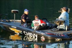 Pro angler Tee Watkins is interviewed by a TV cameraman before the last takeoff of the 2010 All-American on DeGray Lake.