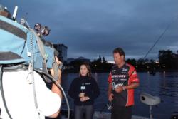 FLW Series pro Mike Folkestad of Orange, Calif., conducts an interview with local TV station KCRA Channel 3 before takeoff.