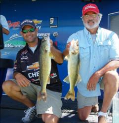 Pro Jason Przekurat and co-angler Bob Allen hold up their day-one catch. 