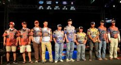 The top-five team finalists acknowledge the crowd shortly after the conclusion of the second day of competition at the 2011 FLW College Fishing National Championship.