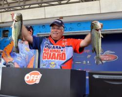 In third after day one is Indiana National Guard pro Wes Thomas of Hanover, Ind., five bass, 13-7. 
