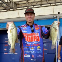 National Guard pro Brent Ehrler of Redlands, Calif., is in the No. 2 spot with a two-day total of 10 bass weighing 21-6.