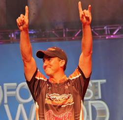 Co-angler winner Paul Mueller reacts to the news of his victory.