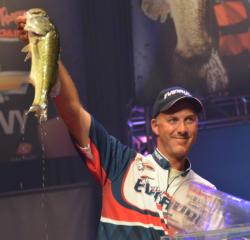 Fifth-place pro Andy Morgan holds up his biggest bass from day four on Lake Ouachita.