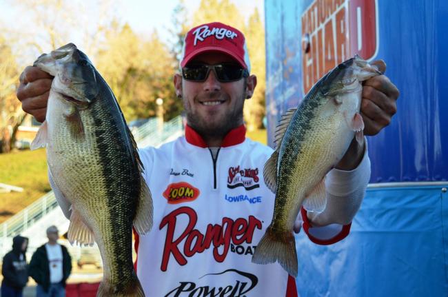 Co-angler Aaron Britt of Yuba City, Calif., parlayed a 9-pound, 11-ounce catch into a second-place finish on the first day of Shasta competition.