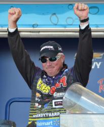 Randall Tharp celebrates after learning he won the 2012 FLW Tour event on Lake Okeechobee.
