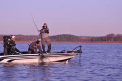 Brent Ehrler hauls in his catch en route to a first-place finish during the 2012 FLW Tour event on Lake Hartwell.