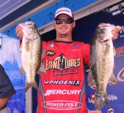 Drew Benton of Panama City, Fla., is in fourth place with five bass for 18 pounds, 15 ounces. 