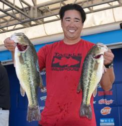 Co-angler Derek Yamamoto sits in second place with 13 pounds, 9 ounces.