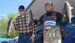 Co-angler Tim Lessila and pro Dusty Minke hold up two nice walleyes and a sauger.