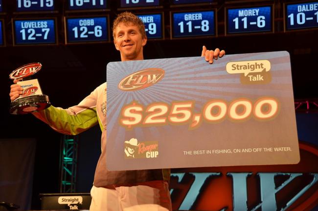 Co-angler Chad Pipkens shows off his check and trophy for winning the FLW Tour Major on Beaver Lake.