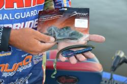 Day-three Potomac River leader Scott Martin gives a quick preview of his go-to baits: a Bruiser Baits ribbontail worm (top) and a Bruiser Baits Crazy Craw (pictured on bottom).
