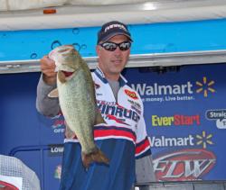 Placing 14th on day one, Evinrude pro Andy Morgan tied pro leader David Dudley for the Snickers Big Bass award with his 6-pounder.