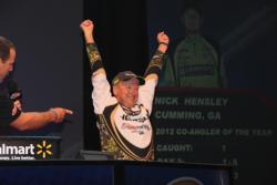 Timothy Dearing celebrates the announcement of his Forrest Wood Cup victory.