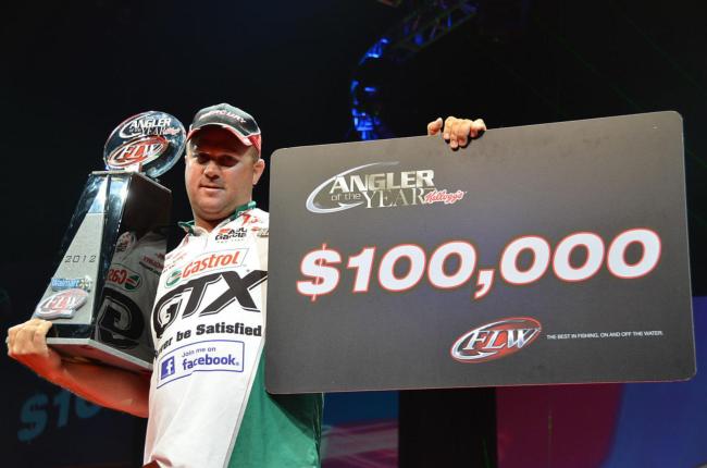 Castrol pro David Dudley shows off his 2012 FLW Tour Angler of the Year bounty.