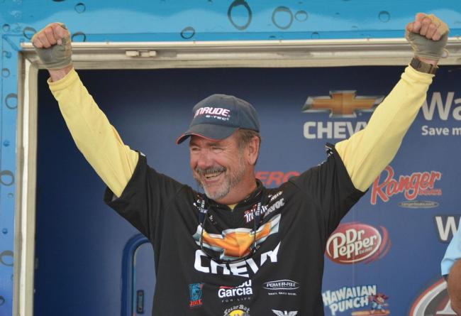 Larry Nixon celebrates after learning he won the 2012 FLW Tour Open on Lake St. Clair.