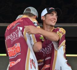 The Fairmont State University team of Ryan Radcliff and Wil Dieffenbauch of Hundred, W. Va., share an embrace shortly after winning the 2012 FLW College Fishing Northern Conference Championship.