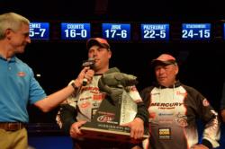 Mercury pro Danny Plautz clinches his 2012 National Guard FLW Walleye Championship trophy while his father proudly looks on. 