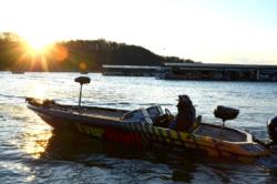 Anglers depart Prairie Creek marina during the start of the 2013 FLW College Fishing National Championship.
