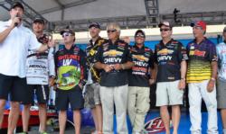 The top-10 finalists at the FLW Tour Grand Lake event share the stage shortly after day-three weigh-in.