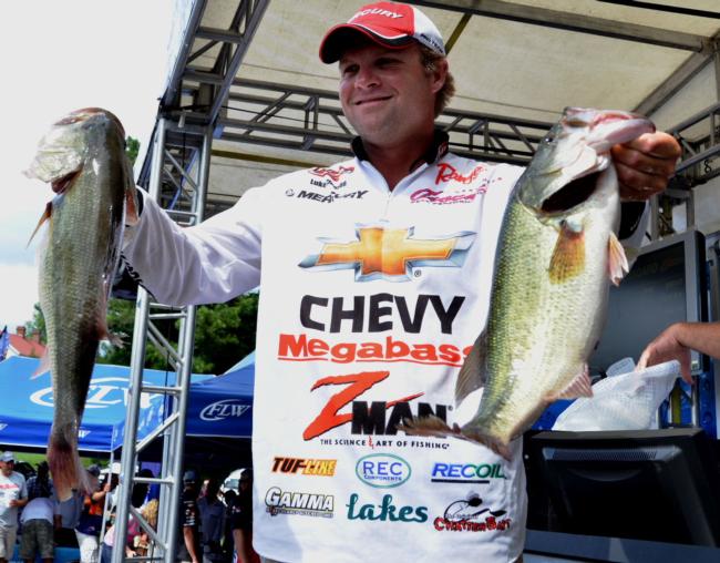 Chevy pro Luke Clausen improved on his day-one weight to catch 20-9 on day two. His two-day total stands at 39-11 and puts him in fourth place. 