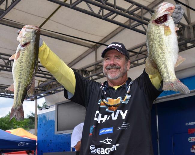 Larry Nixon sits in second place with a two-day total of 10 bass weighing 42 pounds, 6 ounces.