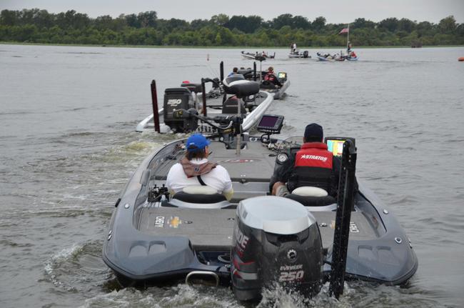 The Forrest Wood Cup field makes its way out onto the open waters of the Red River.