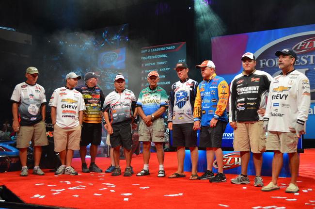 The top-10 pro finalists from the 2013 Forrest Wood Cup acknowledge the crowd.
