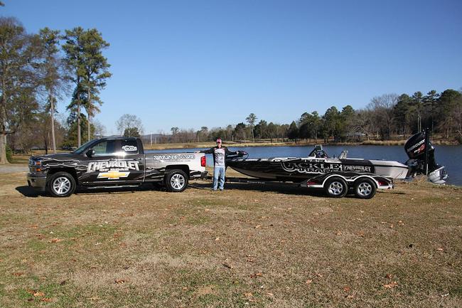 Alex Davis shows off his boat and truck sponsors for the 2014 season, Chevrolet of Boaz and The Tackle Trap.