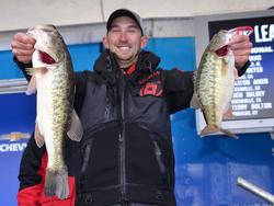 Co-angler leader Bryan New caught 14 pounds, 3 ounces on day one of the Lake Hartwell event. 