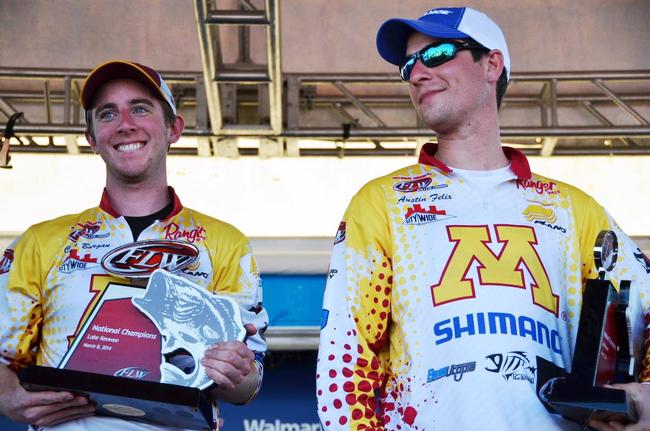 The University of Minnesota team of Chris Burgan (left) and Austin Felix (right) proudly display their first-place trophies after winning the 2014 FLW College Fishing National Championship.