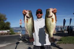 Dan Sweat sits in second place with 28 pounds, 7 ounces, on day one of the Rayovac FLW Series event on Clear Lake.
