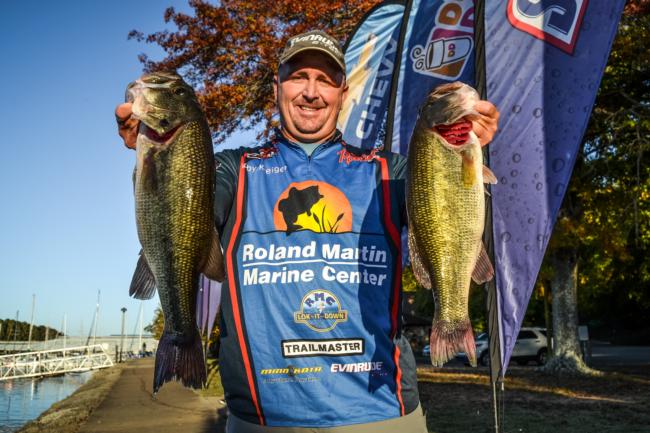 Mr. Rayovac, Koby Kreiger, weighed 17-6 on day one of the Rayovac FLW Series Championship on Wheeler Lake. He is hoping to win his third Championship event this year.