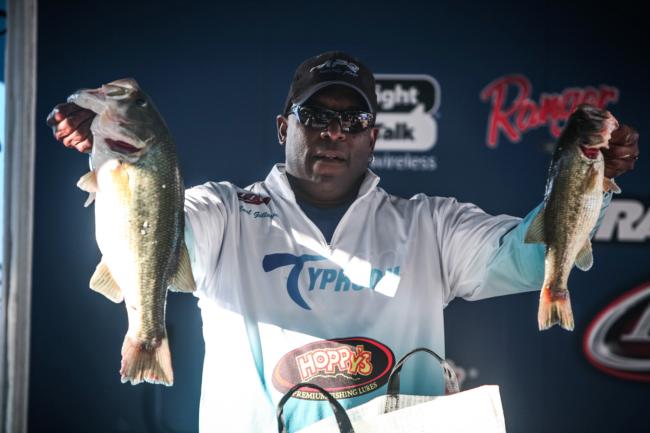 Co-angler Carl Gillespie only weighed four bass on day one of the Rayovac FLW Series on Wheeler Lake, but it was enough to take the lead tipping the scale at 10-13.