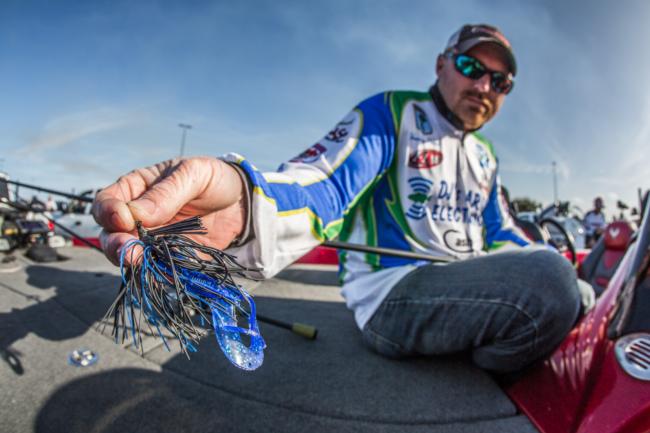 Hensley Powell caught his fish on a 3/8-ounce Trixster Custom Baits black-and-blue swim jig paired with a blue sapphire Trixster Custom Baits Crusty Crawler.