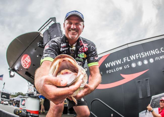 Jimmy Reese shows off his 5-10 kicker on day one of the Walmart FLW Tour on Lewis Smith Lake. His total weight of 14-3 landed him in 28th place,