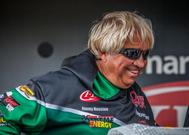 Quaker State Jimmy Houston always has a good day especially when he is fishing. Despite the fact that he had a decent second day, weighing 14-2, he will only get to fish two days at the Walmart FLW Tour on Lewis Smith Lake.