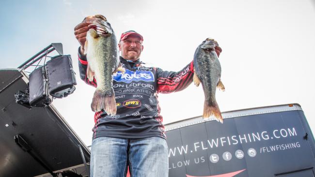 Wesley Strader weighs 14-1 on day two of the Walmart FLW Tour on Lewis Smith Lake; he will squeak into the top-20 in 18th place.