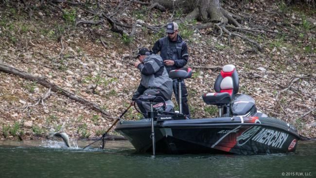 Pro Tracy Adams pulls one off a bed on the final day of the Walmart FLW Tour on Beaver Lake. It took about two hours but it was worth the wait as she was estimated to weigh 3 1/2 - 4 pounds.