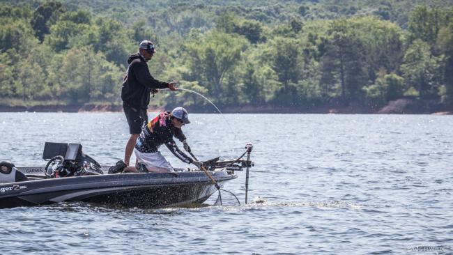 Jason Lambert brings one boat-side. He moved up into 10th place on day two and will fish Saturday. 