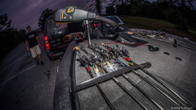 Batts wanted to check some areas where shad might be spawning, so we had to get started early to take advantage of every ounce of daylight and get to the ramp early. As you can see from the rod selection, the shad spawn wasn't the only thing on his mind.
