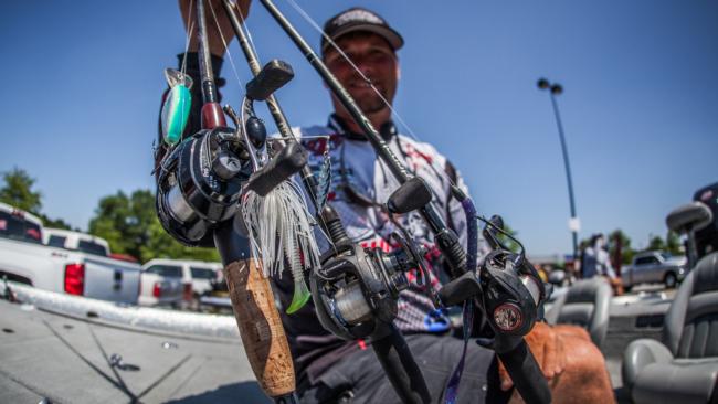 7. After a disappointing finish in the FLW Tour event at Eufaula, Clayton Batts bounced back with a citrus shad-colored SPRO Little John DD, a 1-ounce Strikezone Ledgebuster spinnerbait (not pictured), a Strikezone Master Blaster 3/4-ounce spinnerbait and a Big Bite Baits B2 Worm.