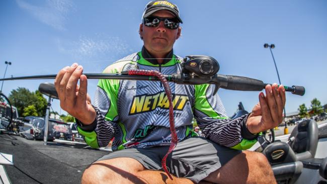 9. Day-one leader Bradley Enfinger threw an 11-inch plum apple-colored NetBait C-Mac on a ¼-ounce Texas rig for nearly all of the fish he caught that mattered.