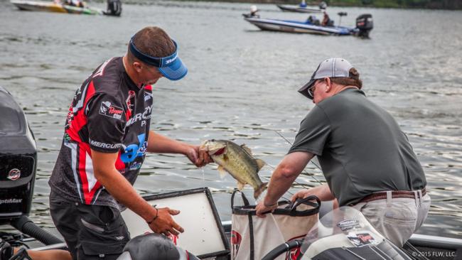 Bryan Schmitt bags a chunky Potomac bass. He has been by far the most consistent of the top pros over the first two days. 