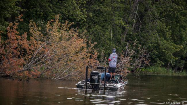 Gerald Spohrer tried to pick up some kicker largemouth suspending beneath bushy laydowns later in the day. 
