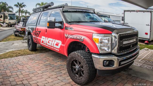 Brad's truck has about every Rigid Industries light imaginable on it. Some of his favorites are Scene Lights, which he mounts on his roof rack under the Rod Pods. They illuminate a broad area - perfect for late-night tackle rigging. 